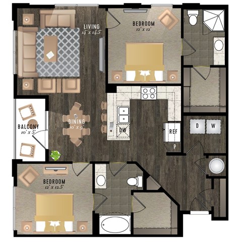 Floor plan for 2 beds, 2 baths, 1179 sqft